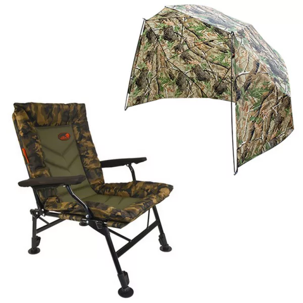 Carp Expert Comfort Camo Ribolovna stolica & Polu-šator - 250cm S suncobranom