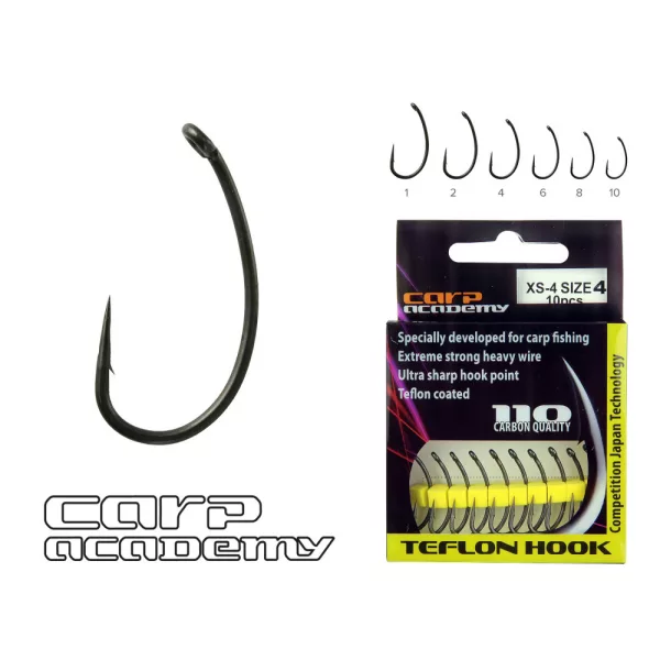 Carp Academy Teflon Hook XS-4 Crna 4 10 kom/pakiranje S ušicom S bodljom Bojli udica