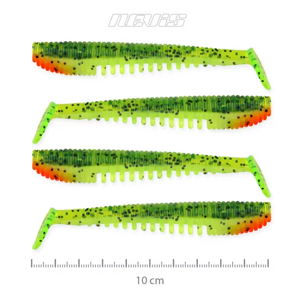 Nevis Impulse Shad 10cm 6,92gr 4kom/pak Zeleno-Narančasta šljokice Plastična varalica
