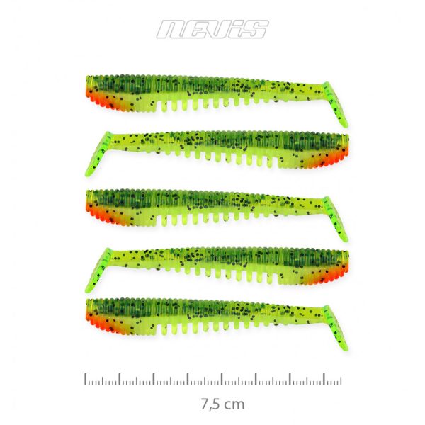 Nevis Impulse Shad 7,5cm 3,05gr 5kom/pak Zeleno-narančasta Šljokice Plastična varalica
