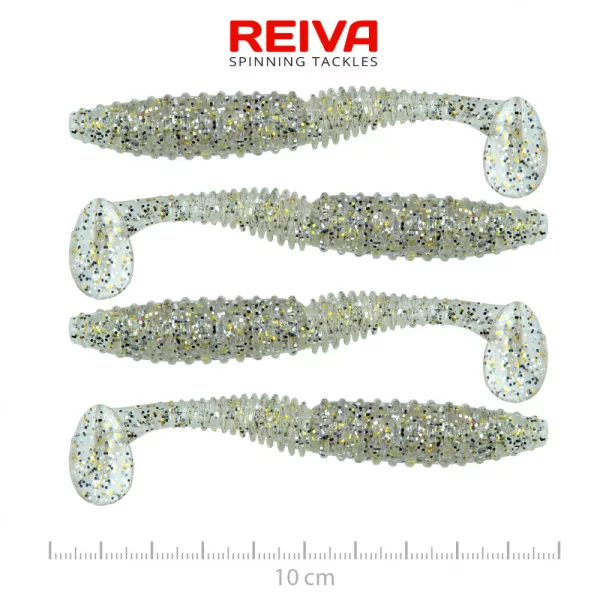 Reiva Zander Power Shad 10cm 7,05gr 4kom/pak (Srebrne šljokice) Plastični mamac