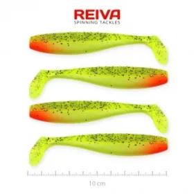   Reiva Flat Minnow Shad 10cm 4kom/pak (Zeleno-Crvene šljokice) gumena riba