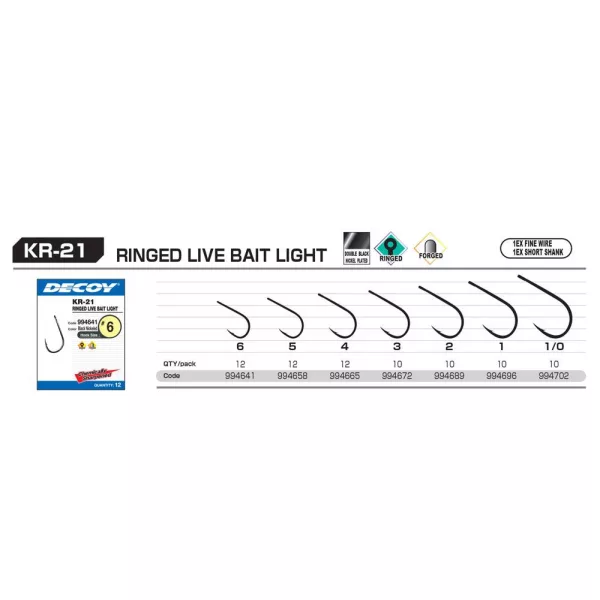 Decoy KR-21 Round Live Bait Light 5 Füles Szakállas Egyágú Ragadozóhalas Horog 12db