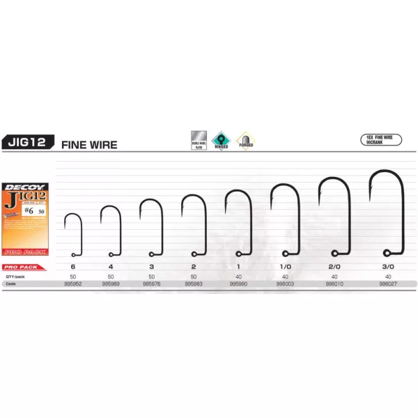 Decoy Pro Pack Jig12 Fine Wire #1/0 Füles Szakállas Egyágú Jig Horog 40db