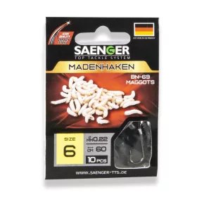   Saenger Maggothook 6 Lapkás, Szakállas Előkötött Horog 10db