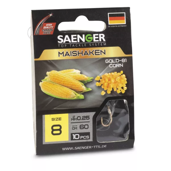Saenger Cornhook Gold 8 Lapkás, Szakállas Előkötött Horog 10db