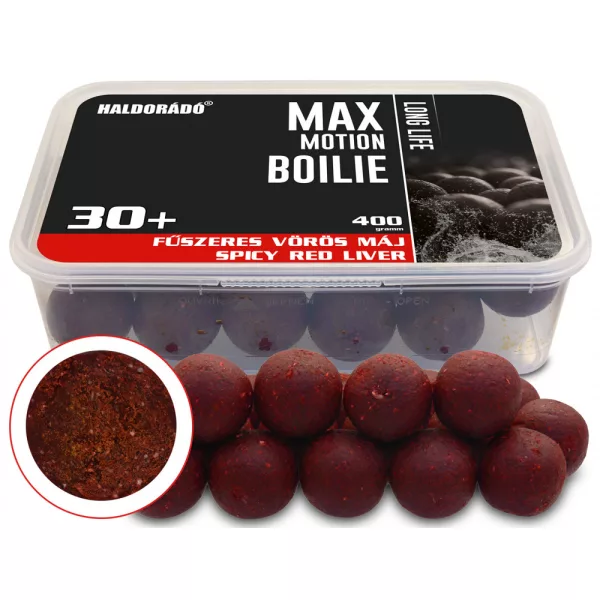 Haldorádó Max Motion Boilie Long Life Začinjena crvena jetra 400gr 30mm Boilie