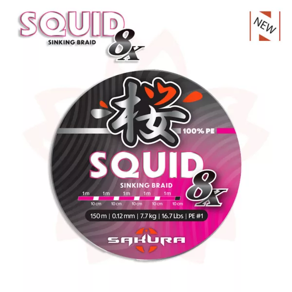 Sakura - SQUID 8 PINK 150M - PE 0.8 / 0.10 mm / 6 Kg - 13.2Lbs - Glavna struna - Pletena struna