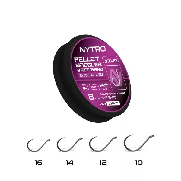 Nytro NTO-B2 Pellet Waggler 12 0,21mm 61cm Előkötött Füles, Szakáll Nélküli Csaligyűrűs Horog 8db