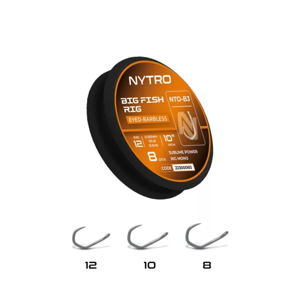 Nytro NTO-B3 Big Fish 8 0,30mm 25cm Előkötött Füles, Szakáll Nélküli Horog 8db